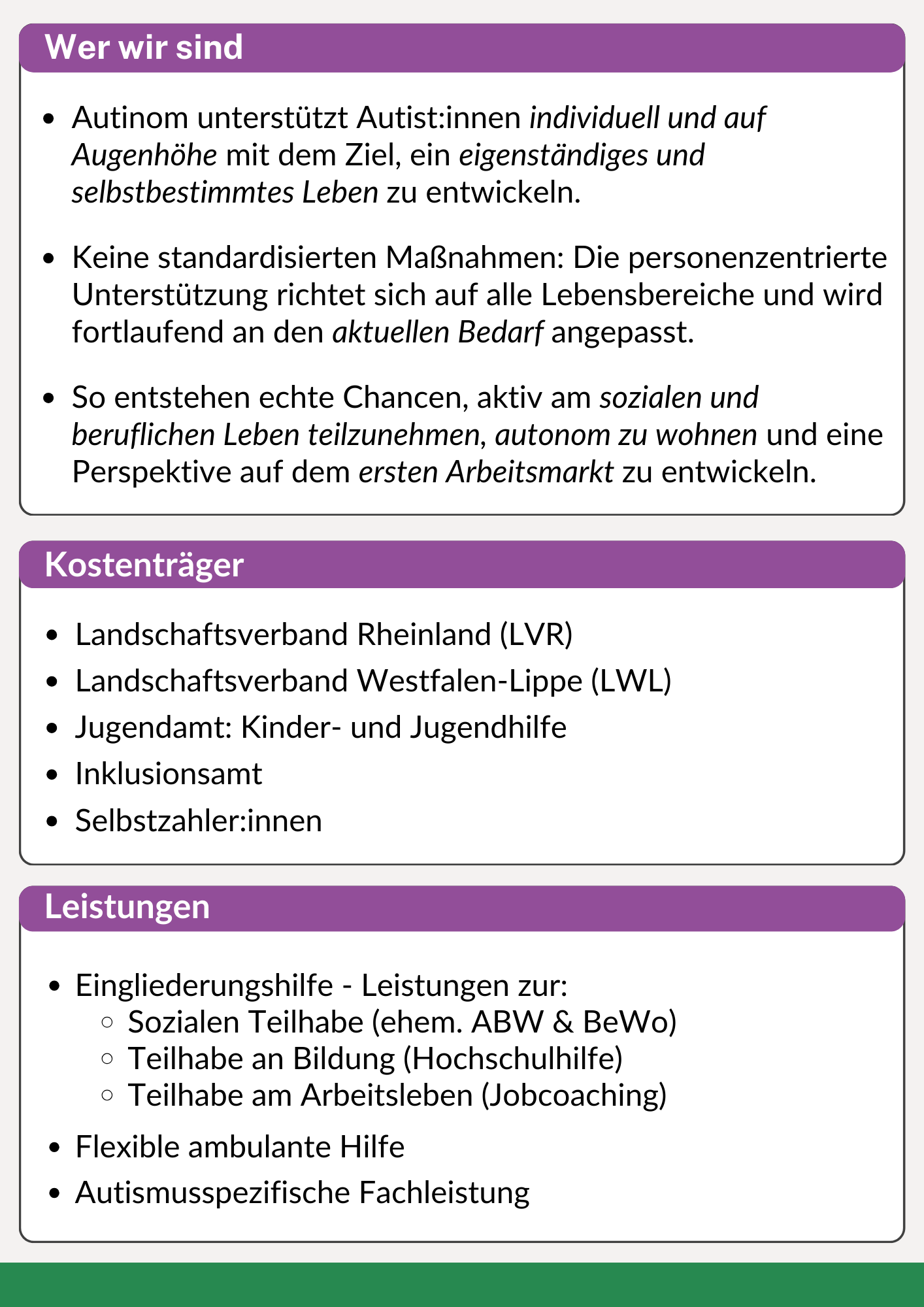 Wer wir sind, Kostenträger und Leistungen